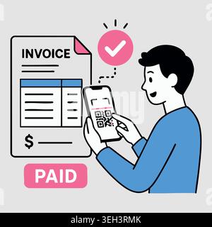 Young man scanning qr code on invoice document with smartphone for online digital mobile payment line vector illustration Stock Vector