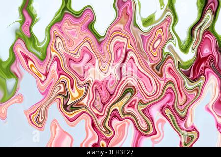 Abstract fluid art with pink orange and green wavy organic pattern on white background, floral inspired digital art, romantic botanical texture, conte Stock Photo