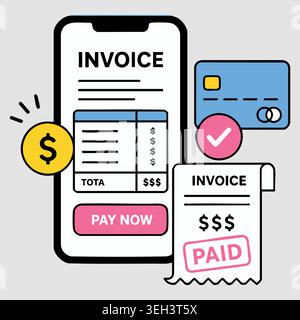 Smartphone screen displaying invoice document with credit card and pay now button for digital mobile banking line vector illustration Stock Vector