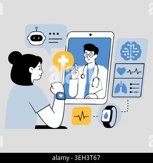 Female patient talking to male doctor on smartphone screen during virtual online medical consultation app line vector illustration Stock Vector