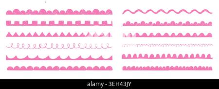 Scribble pink scalloped border simple divider, cutout decoration chalk or crayon texture. Wavy edge frames brush, dividers set. Vector illustration Stock Vector