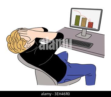 Man sits slumped, hands on head, eyes closed. Stock Vector