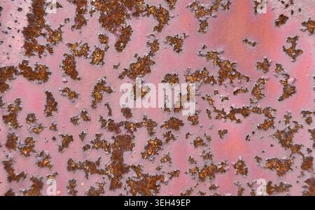 Horizontal close up of rusty metal surface with corrosion, peeling texture and distressed red painted background,design texture and grunge background Stock Photo