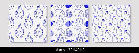 Three blue ink patterned panels on white background. Each panel features different fruit motifs like bananas, pineapples, and lemons. Designs are simp Stock Vector