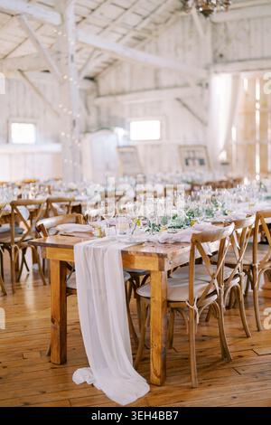 Rustic Barn Wedding Reception Table Decor Stock Photo