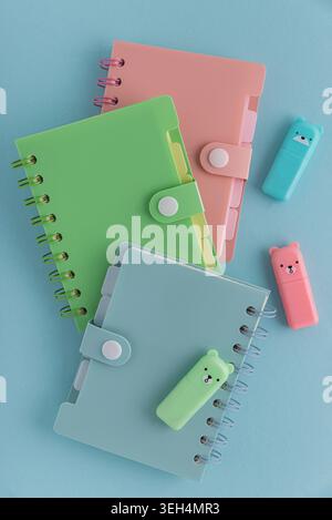 Pastel school supplies, including notebooks, binders, pens, cute highlighters, neatly arranged on a light blue background Stock Photo