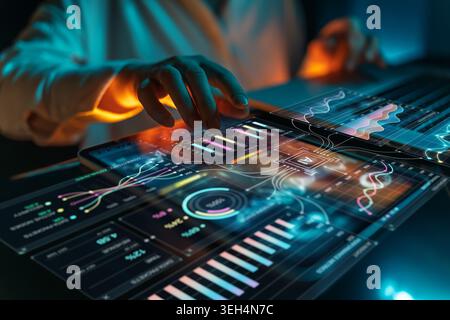 Innovative business professional interacting with a futuristic digital analytics dashboard, highlighting advanced artificial intelligence technology, Stock Photo