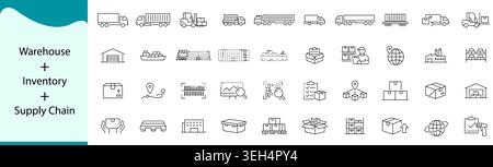Warehouse Inventory and Supply Chain Icon Set, Logistics Storage Distribution and Inventory Management Line Vector Icons for Business Operations Stock Vector