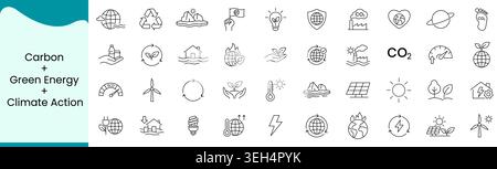 Carbon Green Energy and Climate Action Icon Set, Sustainability Renewable Power and Environmental Impact Line Vector Icons for Net Zero and Clean Ener Stock Vector