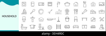 Household Icon Set, Home Living Domestic Essentials and Daily Lifestyle Line Vector Icons for Family Housing and Property Management Stock Vector