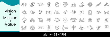 Vision Mission and Values Icon Set, Business Strategy Corporate Culture and Leadership Line Vector Icons for Company Goals and Brand Identity Stock Vector
