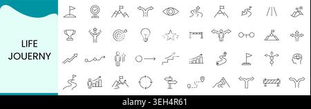Life Journey Icon Set, Personal Growth Success Milestones and Self Development Line Vector Icons for Motivation Career Progress and Goal Achievement Stock Vector