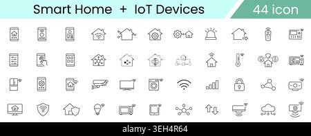 Smart Home and IoT Device Icon Set, Connected Technology Home Automation and Smart Living Line Vector Icons for Digital Control Systems Stock Vector