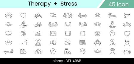 Therapy and Stress Icon Set, Mental Health Counseling Relaxation and Emotional Wellness Line Vector Icons for Psychology and Self Care Stock Vector