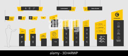Wayfinding signage mockup tower. 3D digital pylon advertising board design. Mall airport exterior direction navigation stand layout. Office factory bu Stock Vector