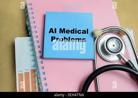Concept of AI medical problems write on sticky notes isolated on Wooden Table. Stock Photo
