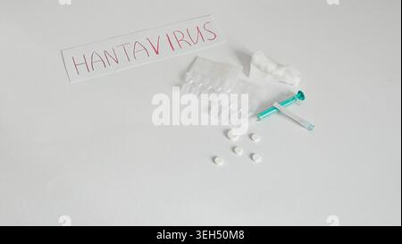 Minimal healthcare composition featuring hantavirus handwritten text with syringe and medicine pills on white background. Modern virus outbreak Stock Photo