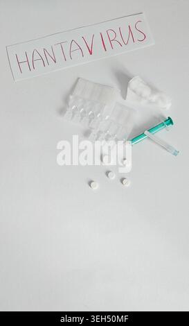 Minimal healthcare composition featuring hantavirus handwritten text with syringe and medicine pills on white background. Modern virus outbreak Stock Photo