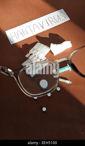 Medical flat lay featuring handwritten hantavirus text with syringe, tissues and white pills on brown background. Healthcare and dangerous virus Stock Photo