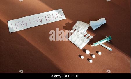 Medical flat lay featuring handwritten hantavirus text with syringe, tissues and white pills on brown background. Healthcare and dangerous virus Stock Photo