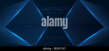 Abstract geometric linear neon figure, Futuristic minimalist tech blue background, Abstract neon lines illuminated on dark blue background, Artificial Stock Vector