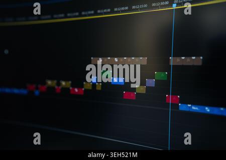 Editing video on digital timeline, showing clips, effects, audio tracks in software interface for multimedia production and creative post-production Stock Photo