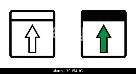 Upload icon set with square window frame and green arrow sign for web Stock Vector