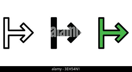 Three variations of a flat right arrow icon in outline black and green Stock Vector