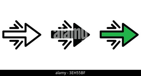 Set of three black and green fast motion arrow icons pointing to the right Stock Vector
