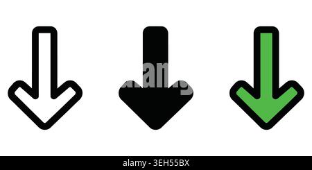 Set of three simple arrow icons pointing down in different colors Stock Vector