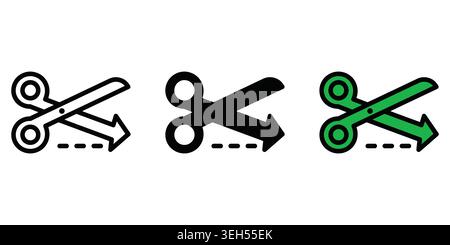 Set of three scissors icons showing a cut along a dotted line path Stock Vector