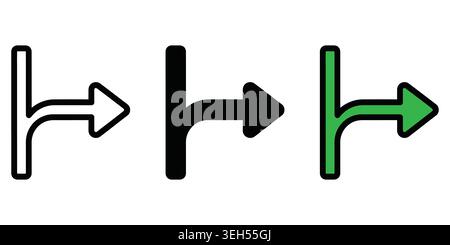 Set of three arrow icons showing a right turn path on a straight line Stock Vector