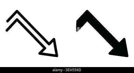Black outline and solid arrow icons pointing down to the bottom right Stock Vector