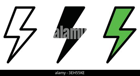 Three lightning bolt icons in outline black and bright green colors Stock Vector