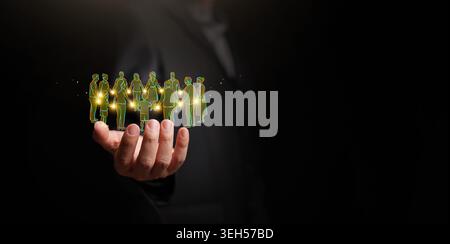 Businessman holding community connection circle icon on dark copy space. Social bond, teamwork, diversity, family support, charity, unity, people netw Stock Photo