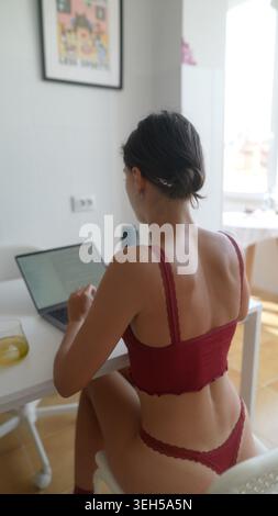 Female professional concentrating at her desk in cozy apartment Stock Photo