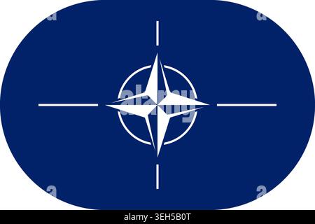 NATO flag. Dark blue flag with a white compass rose emblem symbolizing collective defense, unity and transatlantic cooperation. Vector flag in flat oval design Stock Vector