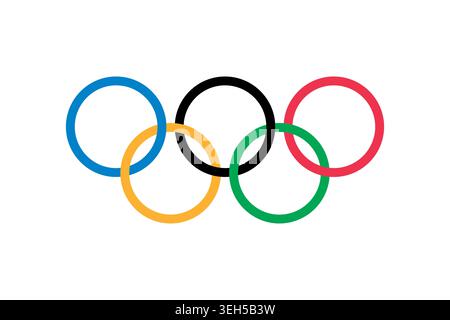 Olympic flag. White flag featuring five interlaced rings symbolizing global unity, friendship and international sporting competition. Vector flag in flat oval design Stock Vector
