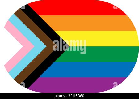 Intersex Inclusive Progress Pride flag. Modern pride flag incorporating rainbow, transgender and intersex symbols to represent inclusion, visibility and equality. Vector flag in flat oval design Stock Vector