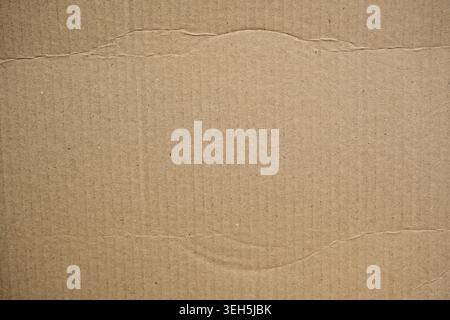Macro close-up of corrugated brown cardboard texture, showing layered paper fibers and realistic packaging material detail as an abstract background. Stock Photo