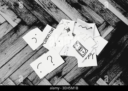 Scattered paper notes with symbols, graphs and words like consistent and dollar sign on a wooden floor, illustrating brainstorming, financial planning Stock Photo