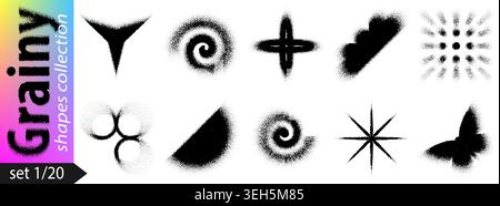 Gradient abstract shapes with circular grain dot texture and noise effect. Black vector stencil pattern of sand dust gradation, circle grainy airbrush Stock Vector