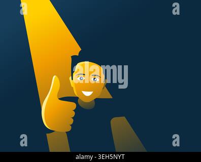 Happy male person thumbs up in spotlight. Succes or idea innovation concept. Vector illustration Stock Vector
