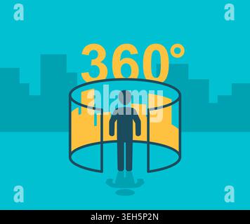 360 degrees flat illustration - 3D panorama, virtual tour, street view or VR technology emblem - creative logo Stock Vector