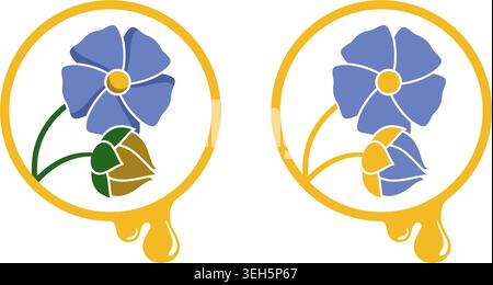 Linseed oil icon with flower, seeds and drop - in colourful and two-colors decoration. Vector isolated emblem Stock Vector