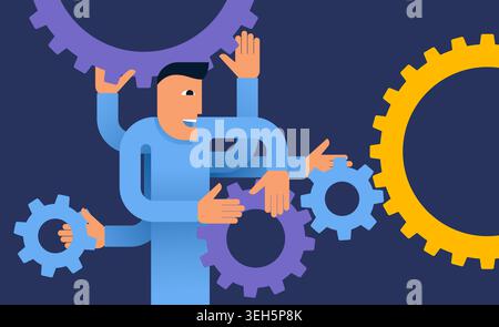 Improve productivity - multi-handed person with gears. Professional working improvement. Vector illustration Stock Vector