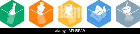 Waste sorting, litter separation icons set - dumpster marking stickers with hand and garbadge - glass, plastic, metal, paper, organic waste Stock Vector