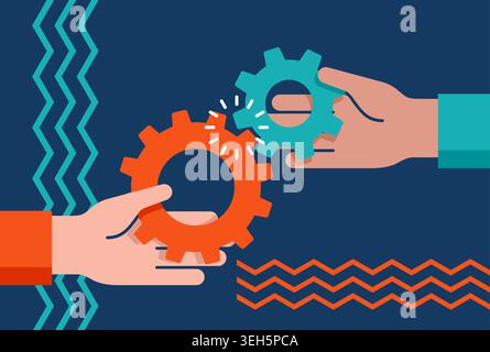 Cartoon hands joining gears into single gearbox. Business team and teamwork concept. vector illustration in flat design. Vector illustration Stock Vector
