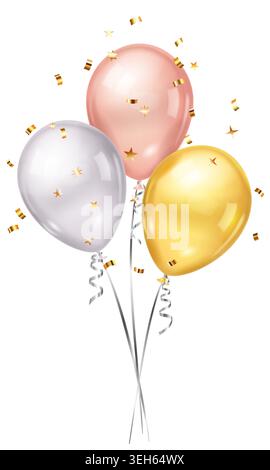 Shiny pink, gold, and white balloons with silver ribbons and gold confetti on a white background create festive atmosphere. Stock Vector