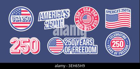 Set of USA 250 anniversary stickers with American flag elements for 4th of July celebration. Vector illustration Stock Vector